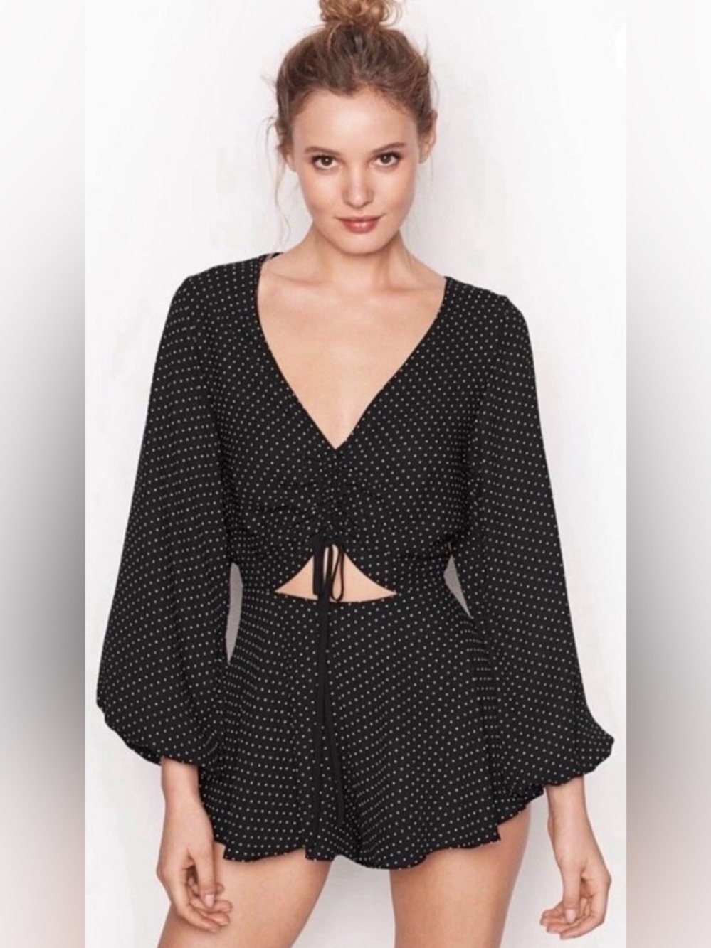 Victoria's Secret Black Polka Dot V-Neck Tie-Front Blouse